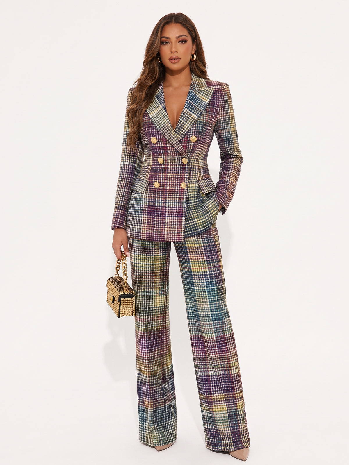 Plaid Long Sleeve Blazer Pants Suit
