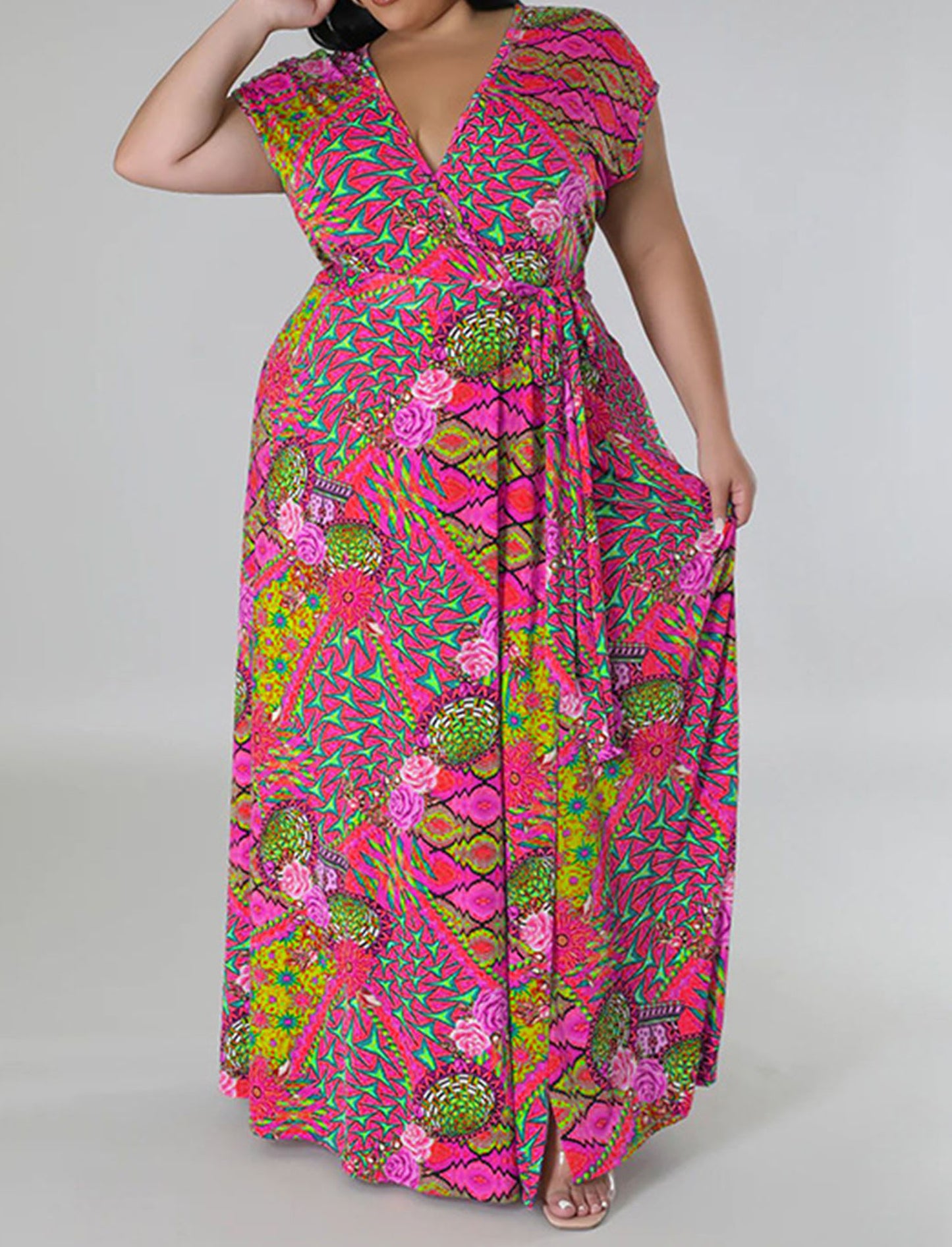 Plus Size Floral Print Split Maxi Dress