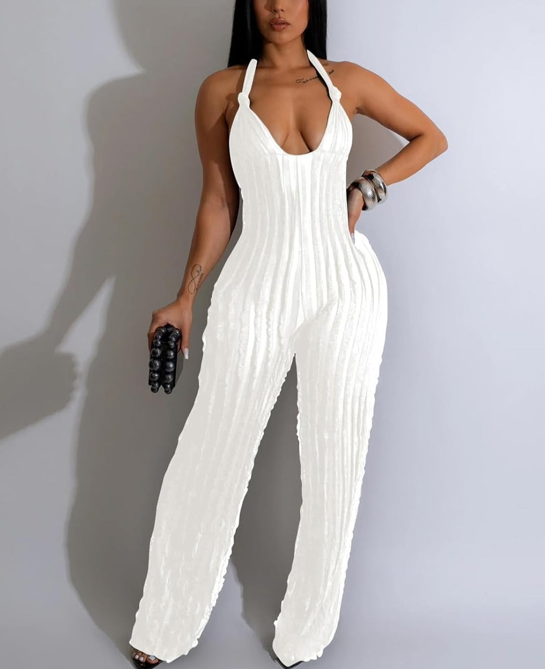 V Neck Pleated Halter Wide Leg Jumpsuit