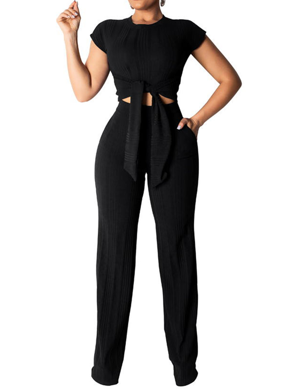Ribbed Tie-Front Top Pants Two-Piece