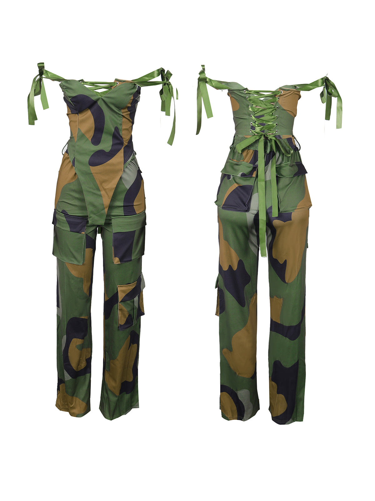 Two Pieces Print Lace-Up Cargo Pants Set