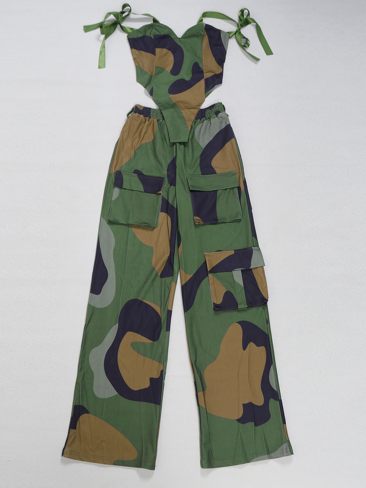 Two Pieces Print Lace-Up Cargo Pants Set