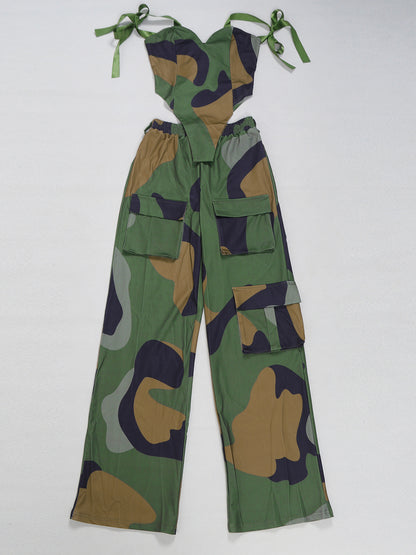 Two Pieces Print Lace-Up Cargo Pants Set