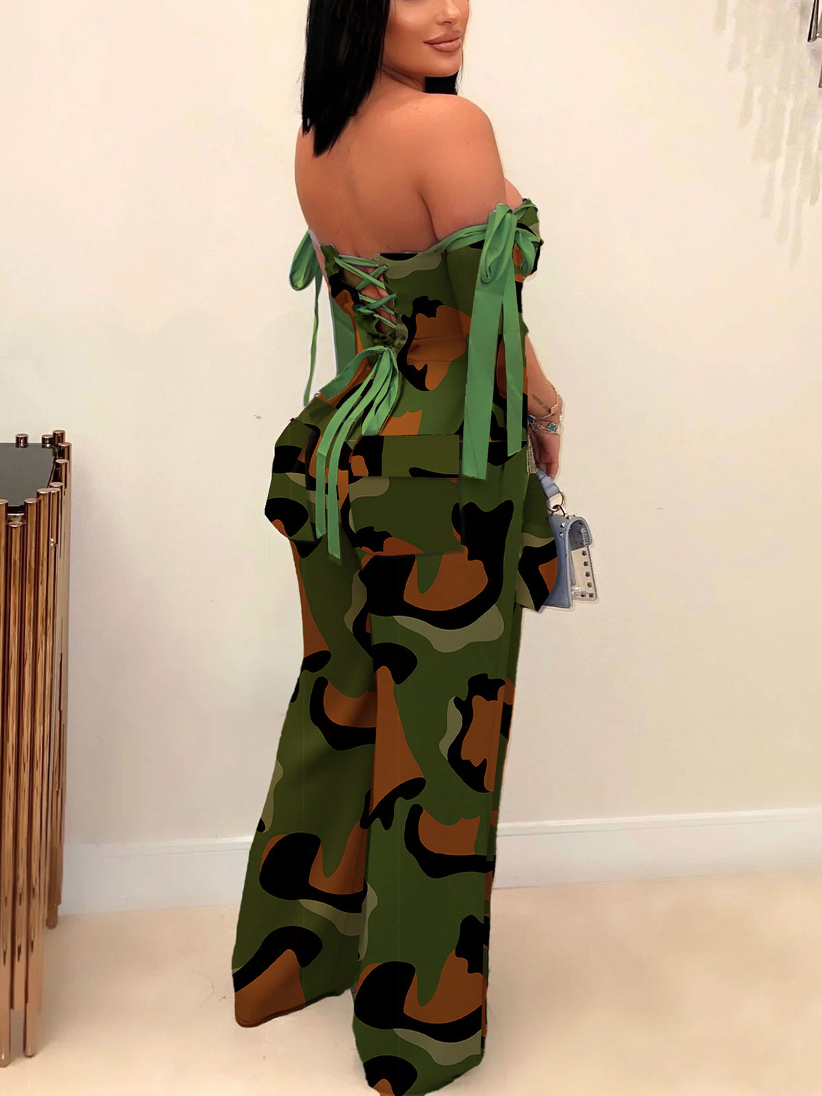 Two Pieces Print Lace-Up Cargo Pants Set