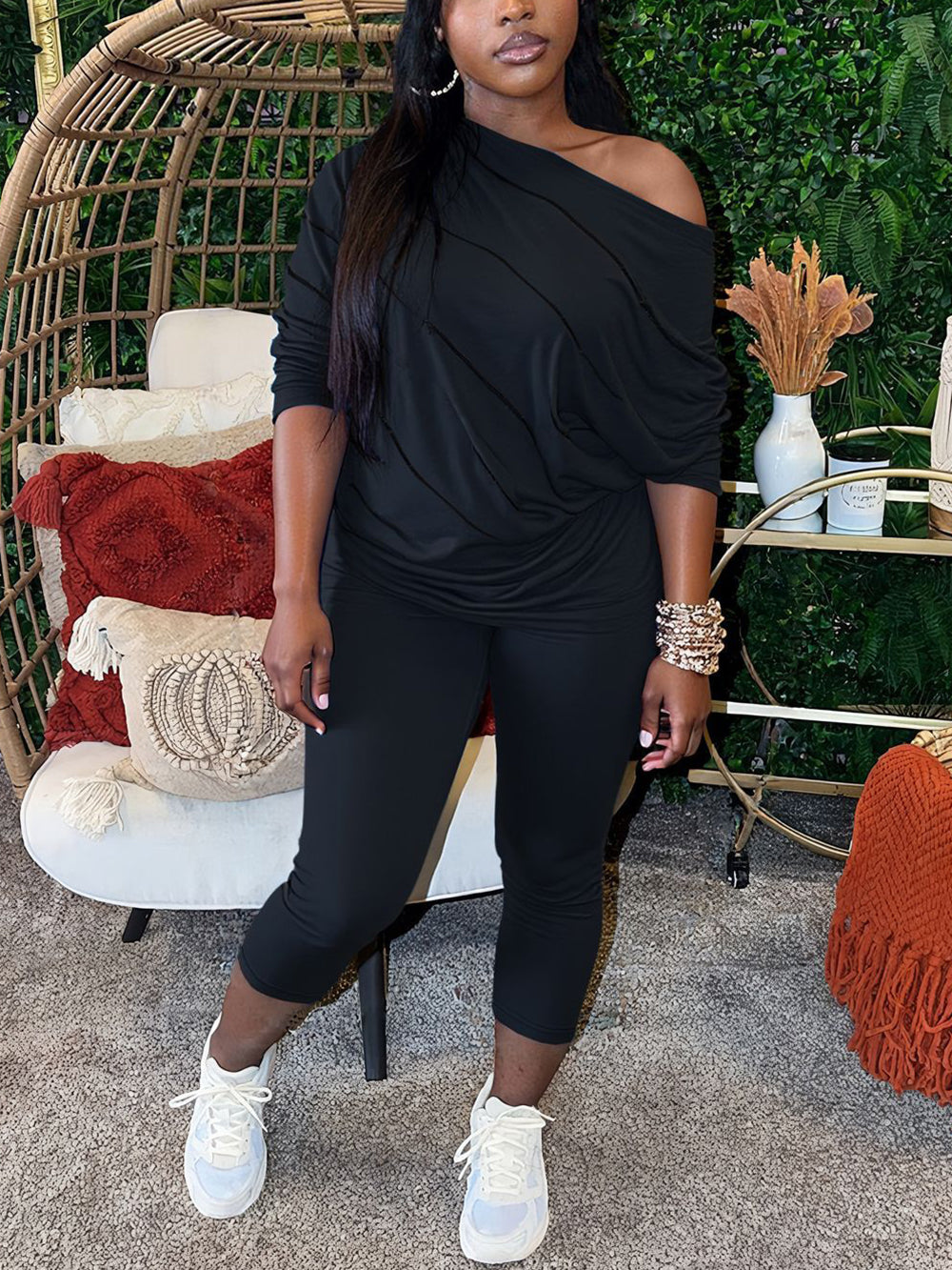 Off Shoulder Batwing Top Pants Set