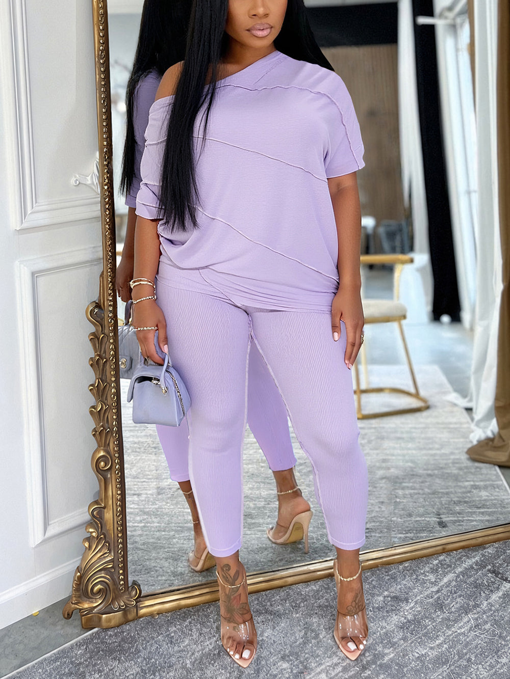 Off Shoulder Batwing Top Pants Set