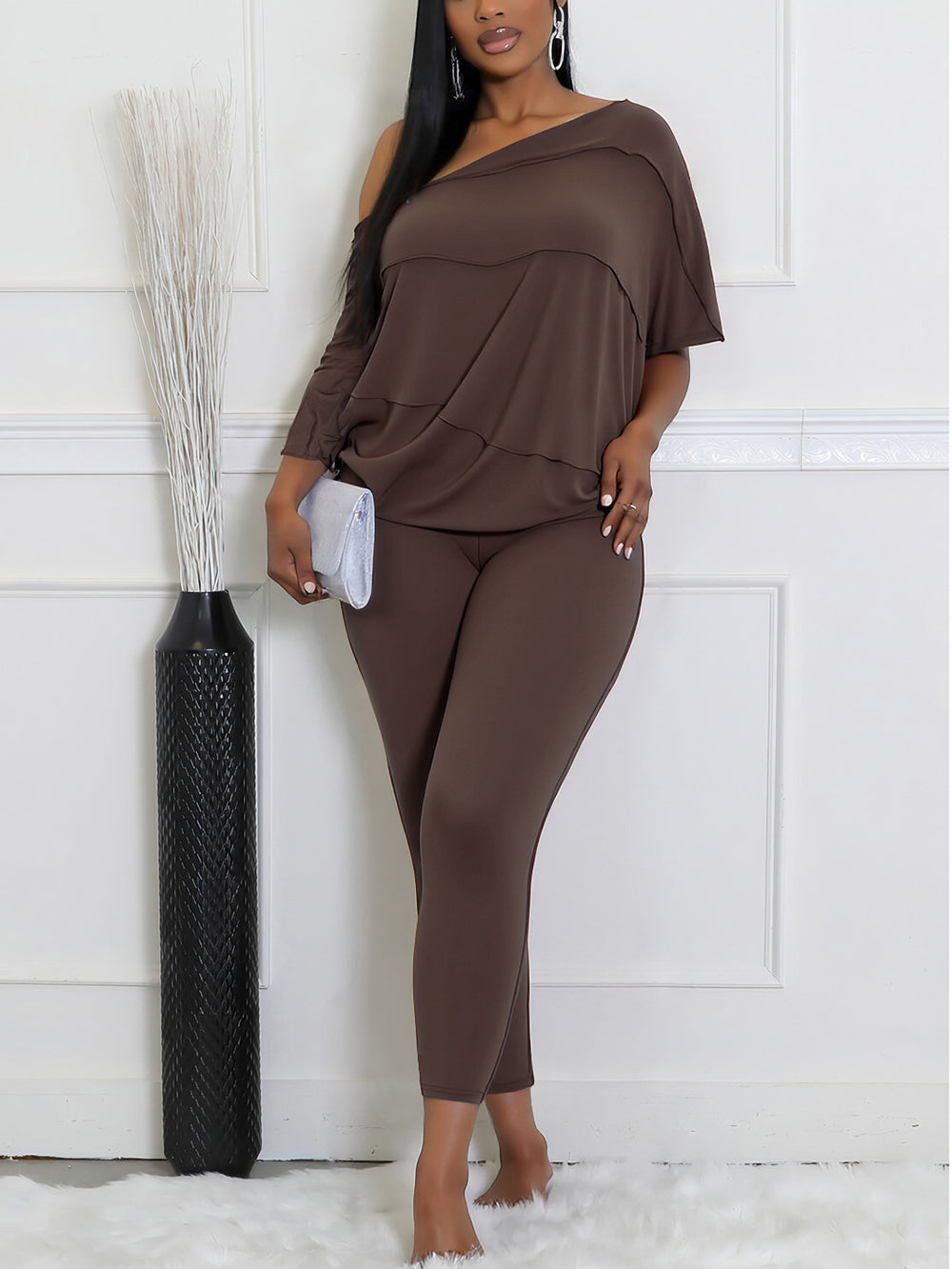 Off Shoulder Batwing Top Pants Set