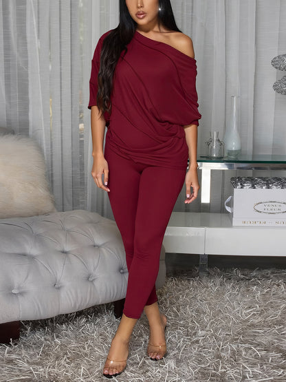 Off Shoulder Batwing Top Pants Set