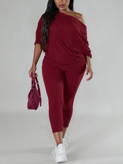 Off Shoulder Batwing Top Pants Set