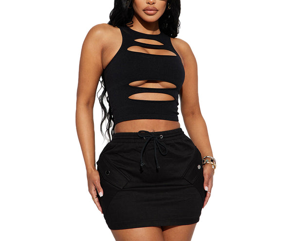 Two Piece Cut Out Crop Top & Drawstring Skirts