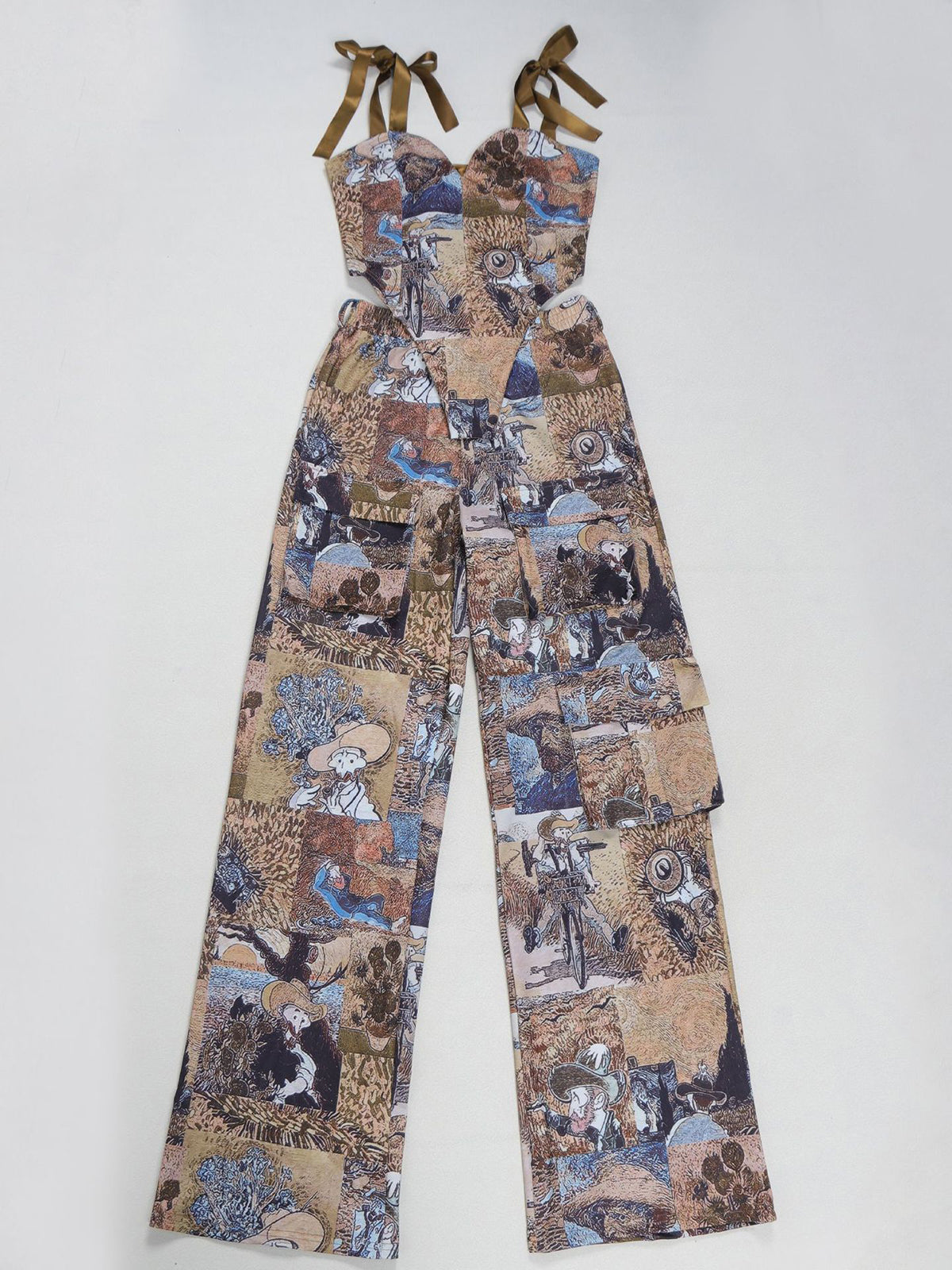 Two Pieces Print Lace-Up Cargo Pants Set