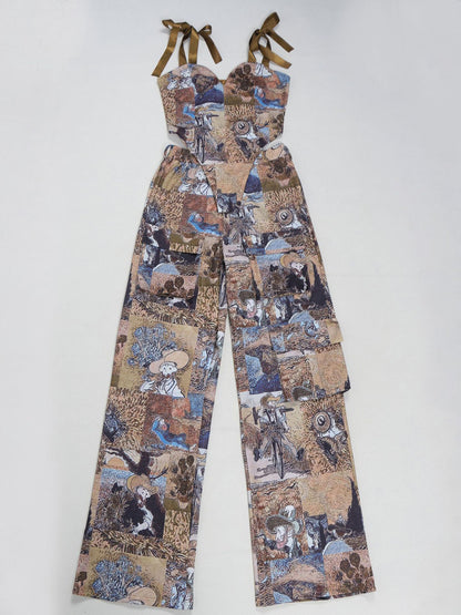 Two Pieces Print Lace-Up Cargo Pants Set