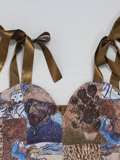 Two Pieces Print Lace-Up Cargo Pants Set