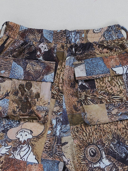 Two Pieces Print Lace-Up Cargo Pants Set