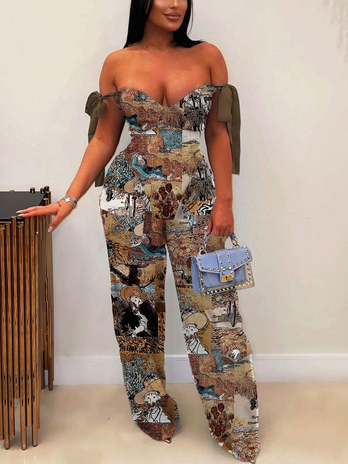 Two Pieces Print Lace-Up Cargo Pants Set