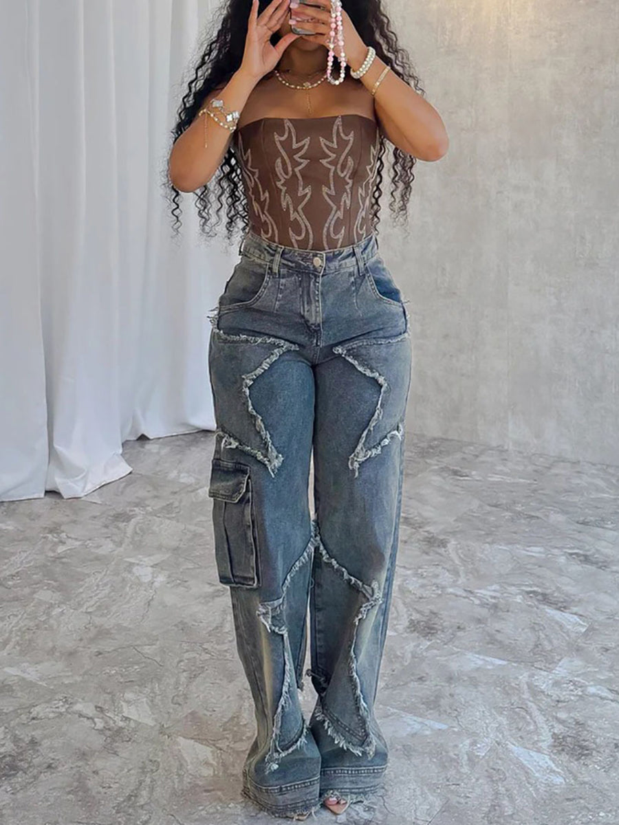 Star Fringe Raw Hem Loose Straight Leg Jeans