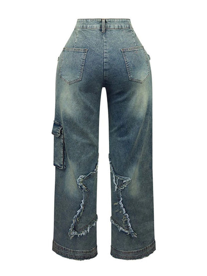 Star Fringe Raw Hem Loose Straight Leg Jeans