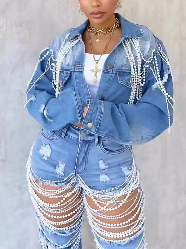 Pearl Chain Beaded Denim Jacket