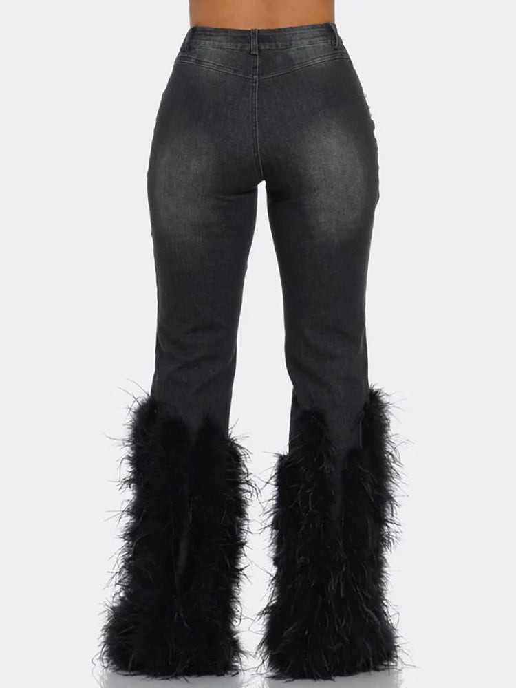 Feather Beaded Distressed Flare Jeans