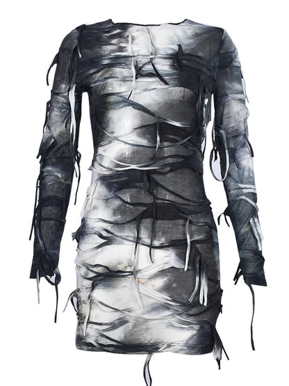 Halloween Tie-Dye Knit Long Sleeve Backless Dress