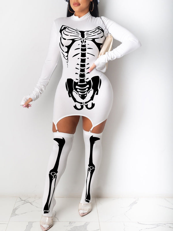 Halloween Skeleton Print Dress & Stockings Set