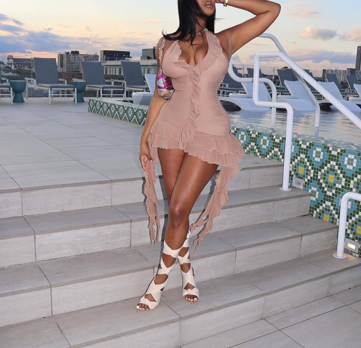 Sleeveless Backless Tassel Ruched Ruffle Mini Dress