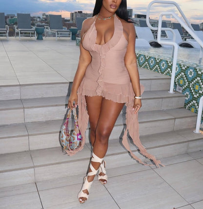 Sleeveless Backless Tassel Ruched Ruffle Mini Dress