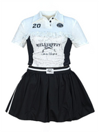 Lace Trim Letter Print Top Pleated Skirt Set