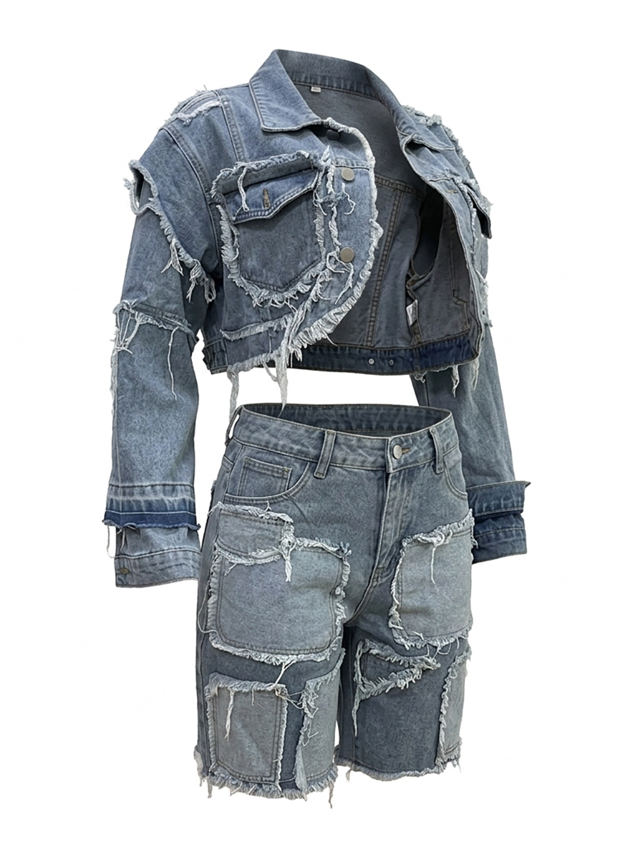 Ripped Patch Denim Jacket Shorts Set