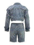 Ripped Patch Denim Jacket Shorts Set