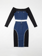 Off Shoulder Mesh Denim Skirt Set