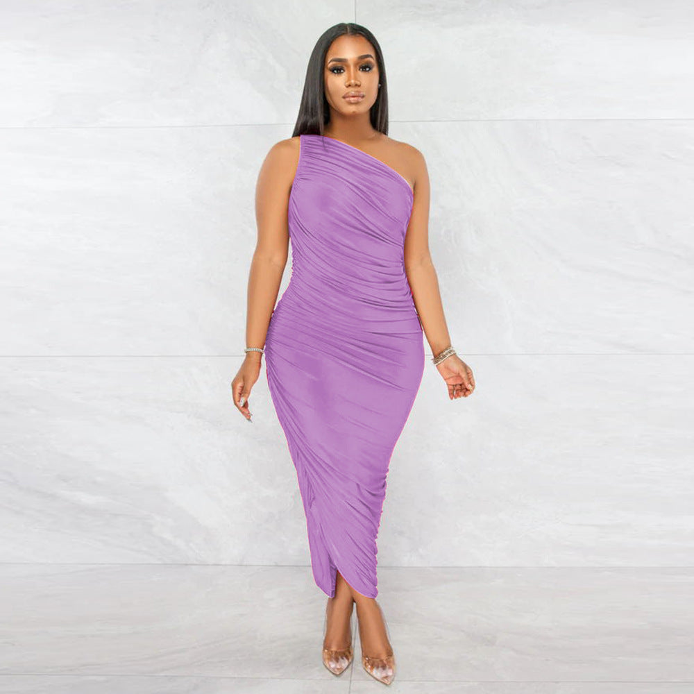 One Shoulder Sleeveless Backless Ruched Maxi Dress