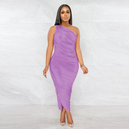 One Shoulder Sleeveless Backless Ruched Maxi Dress