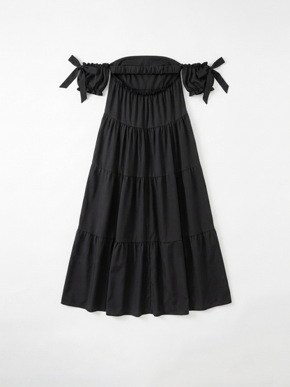 Off Shoulder Ruffle Asymmetric Midi Dress