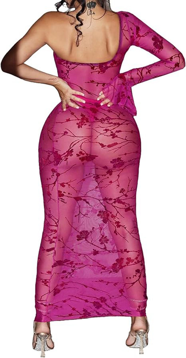Mesh One Shoulder Floral Bodycon Cover Up