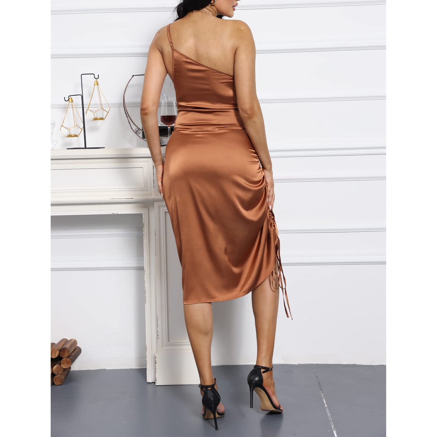 Spaghetti Strap Drawstring Ruched Dress