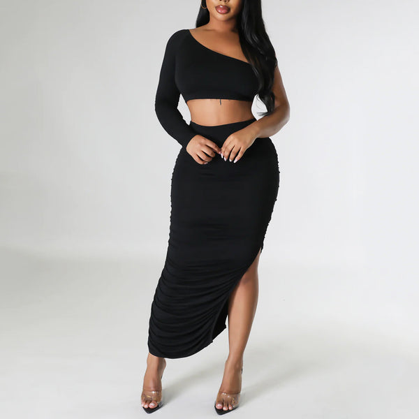 Two Piece One Shoulder Long Sleeve Skirt Suits