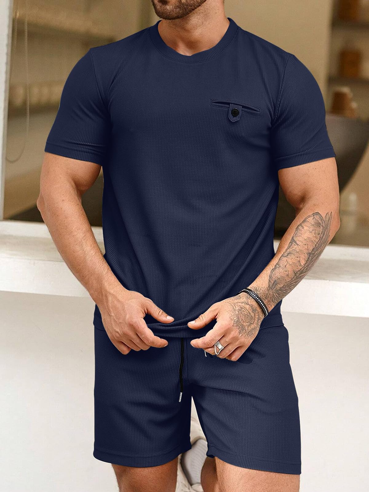 Mens Two Pieces Waffle Top Shorts Set