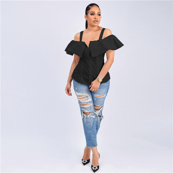 Off Shoulder Ruffle Sleeve Solid Tops