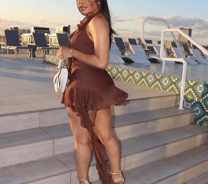 Sleeveless Backless Tassel Ruched Ruffle Mini Dress