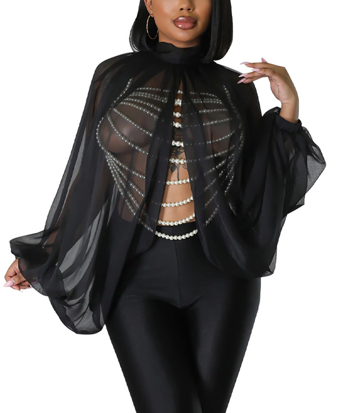 Blusa de gasa de manga larga con murciélago