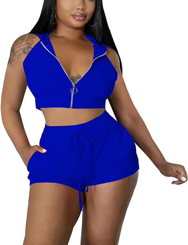 Two Piece Zipper Backless Crop Top and Shorts Sets