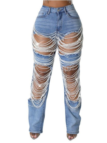Distressed Pearl Chain Fringe Stretch Denim Jeans