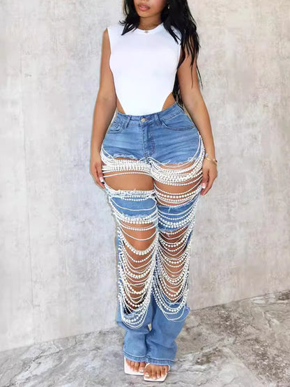 Distressed Pearl Chain Fringe Stretch Denim Jeans