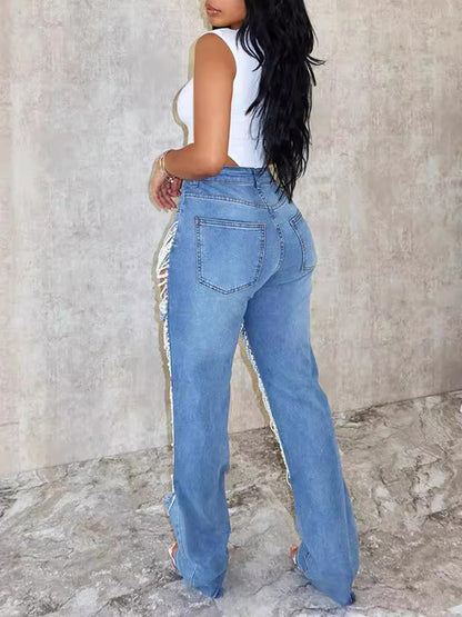 Distressed Pearl Chain Fringe Stretch Denim Jeans