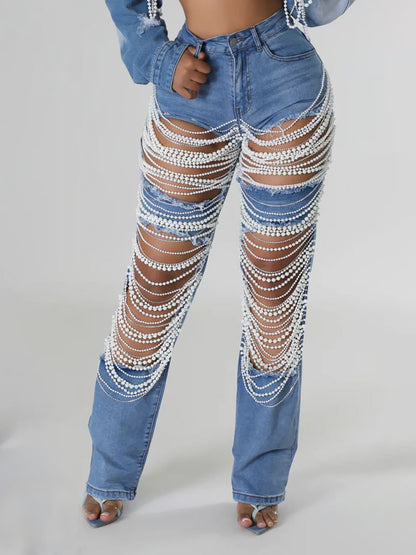 Distressed Pearl Chain Fringe Stretch Denim Jeans