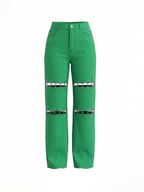 High Waist Distressed Chain Denim Pants