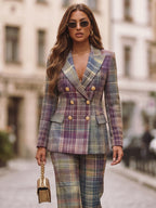 Plaid Long Sleeve Blazer Pants Suit
