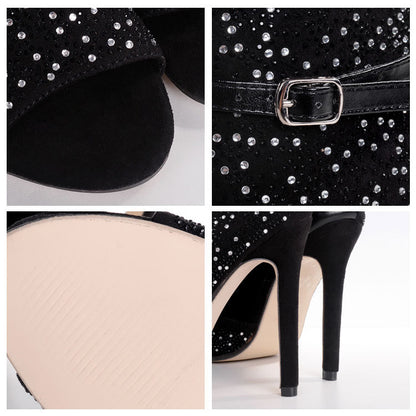 Tacones altos con abertura y diamantes de imitación con purpurina