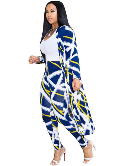 2 Pieces Stripe Print Cardigan Cover-Up+Pants